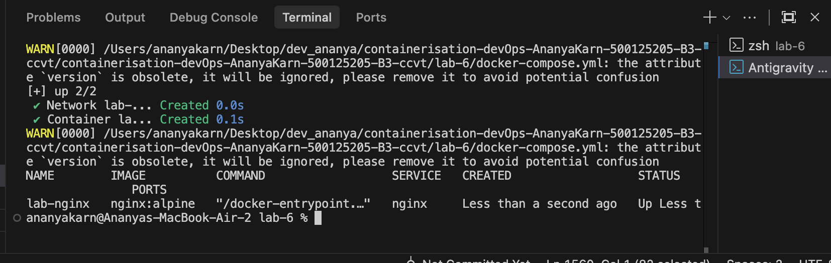 Terminal showing docker compose up -d and docker compose ps